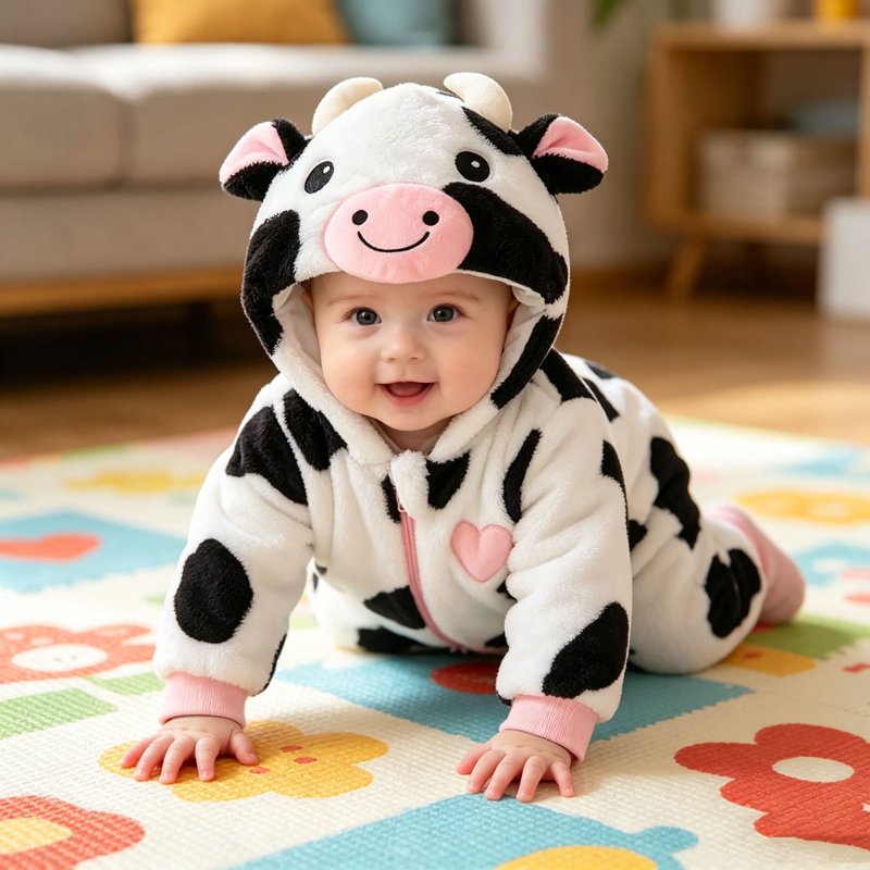 Baby Cow Costume Infant Halloween Outfit White 6-9 Months Fleece Jumpsuit