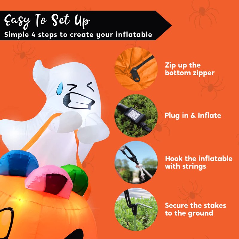 Joyfy 5ft Halloween Inflatable Ghost with Pumpkin & LED Lights - Yard Decor, Ghost Lift Pumpkin