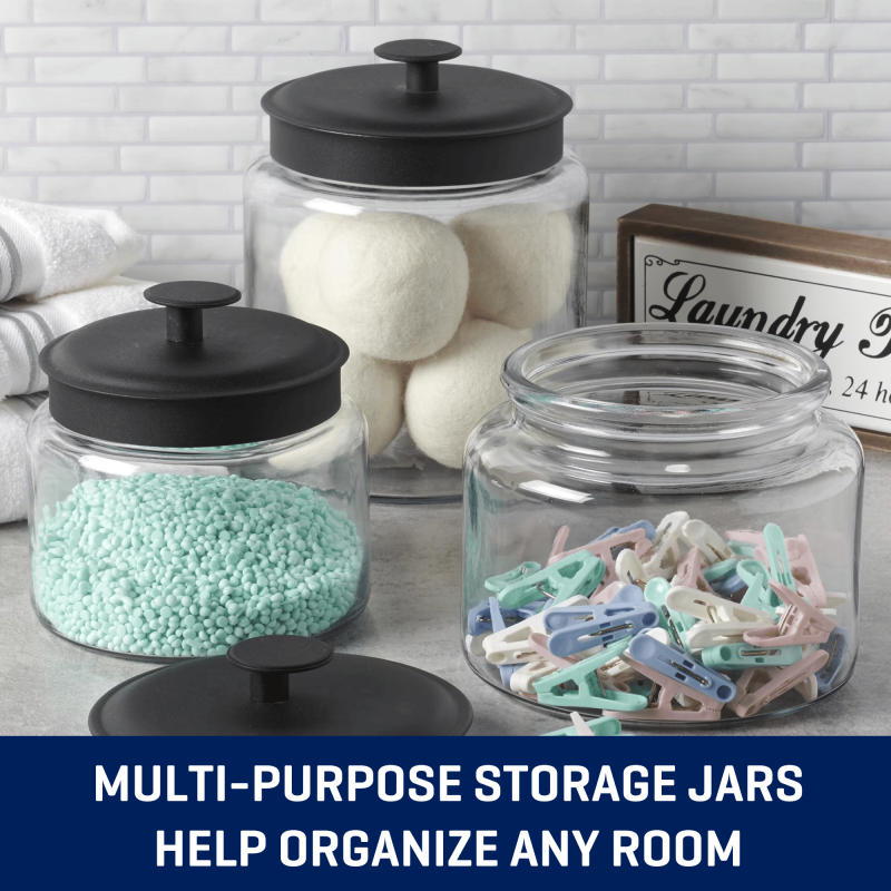 Glass Storage Jars with Black Metal Lids - 3 Piece Set