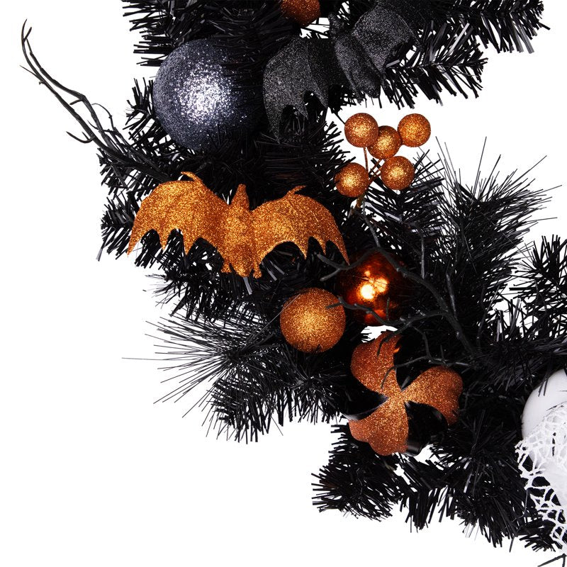 Halloween Twig Pine Wreath with Ghost & Ornaments - 24 Inch Unlit