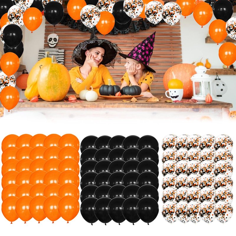 Halloween Confetti Balloons Set - Black, Orange, White 12 Inch Latex & Foil Decor