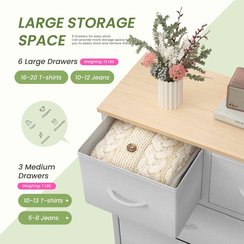 Tall Fabric Storage Dresser Tower - 9 Drawer Light Gray Organizer