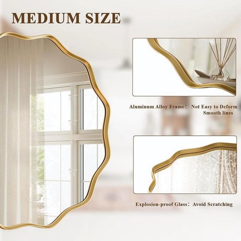 36-Inch Wavy Round Bathroom Mirror Wall Mounted Vanity Mirror with Metal Frame - Gold - Variation of This Listing