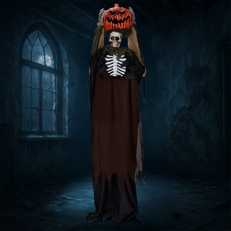 Halloween Animated Ghost with Pumpkin Head - 5.6ft Life-Size Haunted Decoration, Outdoor Animatronic