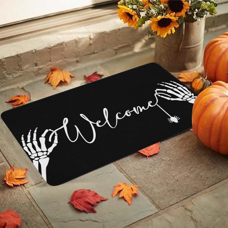 Halloween Door Mat - Spooky Entryway Rug with Pumpkin Design, 23.62x15.75in, Black E
