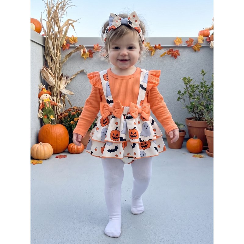 Baby Girl Halloween Bodysuit Set with Pumpkin Ghost Print & Headband - 0-3 Months Orange
