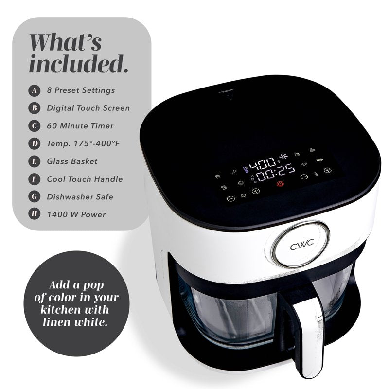 5.5Qt Glass Air Fryer - 1400W Digital Kitchen Appliance with 8 Presets, White