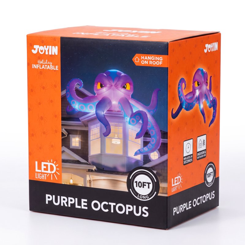 Halloween Inflatable Octopus Head with Tentacles 10 ft - Purple & LED