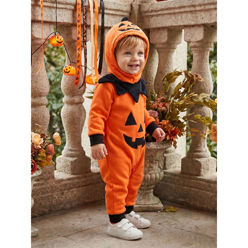Toddler Baby Pumpkin Costume Set - Unisex 0-6 Months Orange Romper Hat Collar Halloween