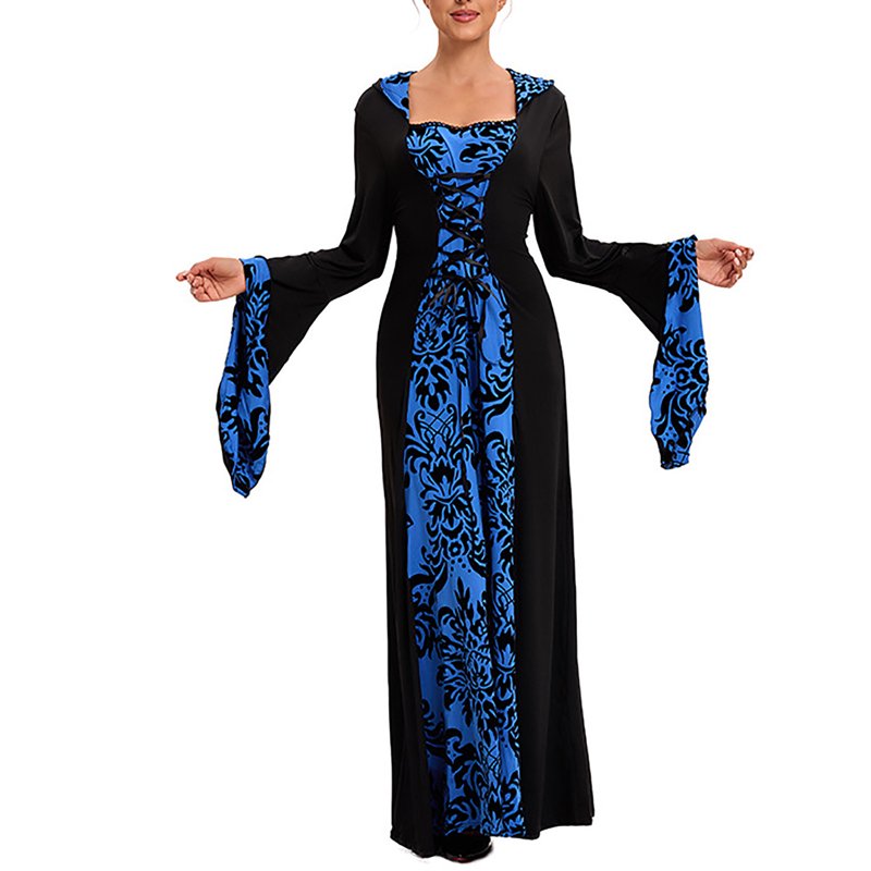 Women’s Renaissance Medieval Dress with Long Skirt & Stand Collar - Blue, XXL