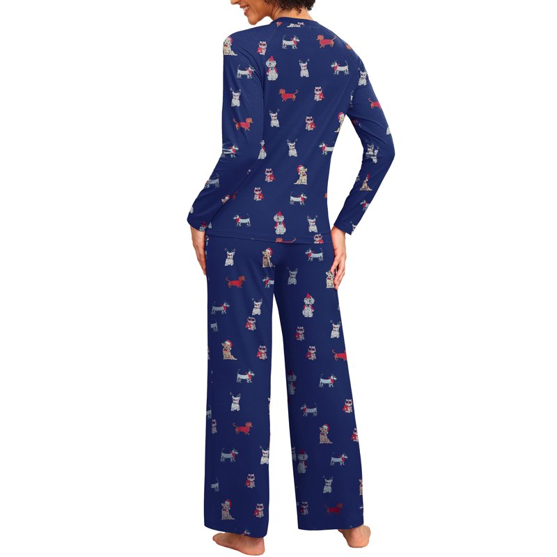 Christmas Couple Pajama Sets - Blue Dog Pattern, XL, Festive Sleepwear