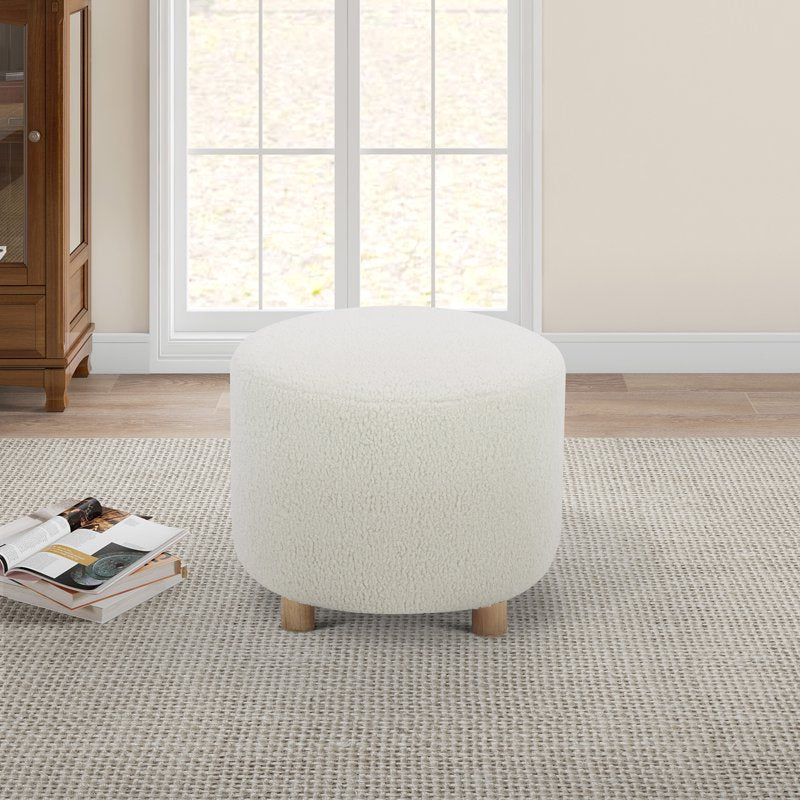 Round Cream Ottoman with Faux Sherpa Upholstery