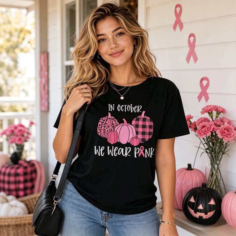 KimSoong Women's Breast Cancer Awareness T-Shirt D-Black M - Pink Ribbon Pumpkin Graphic Tee