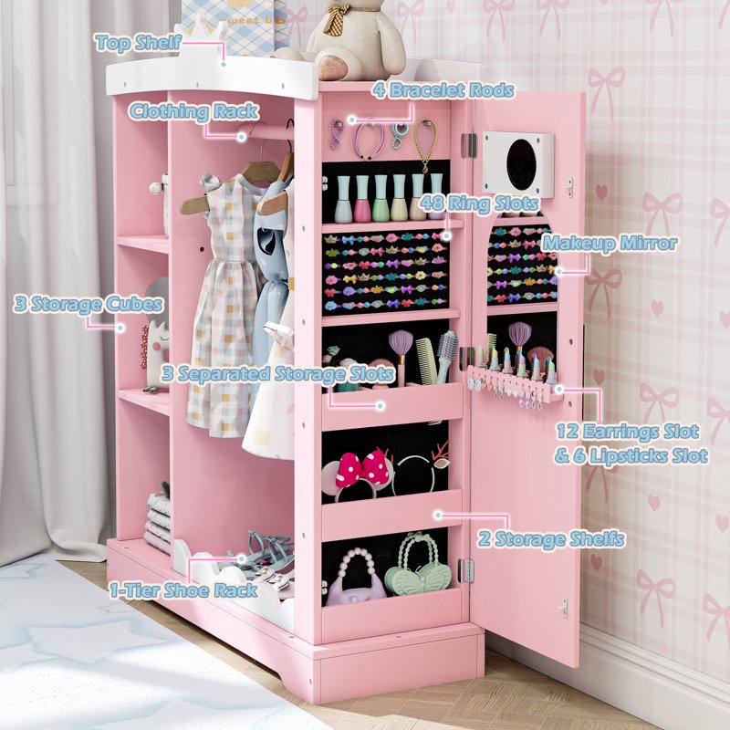 Kids Armoire with Mirror - Pink Dress Up Storage & Jewelry Cabinet for Girls