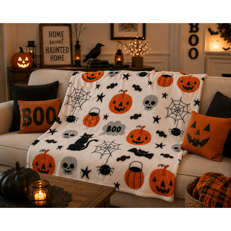 Halloween Boo Fuzzy Throw Blanket - Jack O'Lantern Spider Web Skull Black Cats Velvet Fleece - Serafina Home