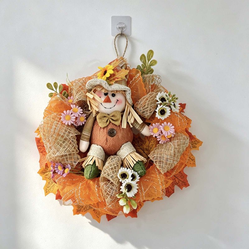 Lighted Fall Scarecrow Wreath for Front Door - 12.2 Inch Farmhouse Autumn Decor with Sunflowers & Daisies - Variation 724-8-12.2"