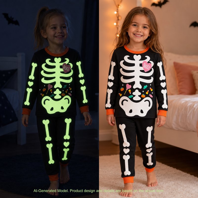 Kids Halloween Skeleton Pajamas Set - Glow in the Dark 3T Candy Heart Variation