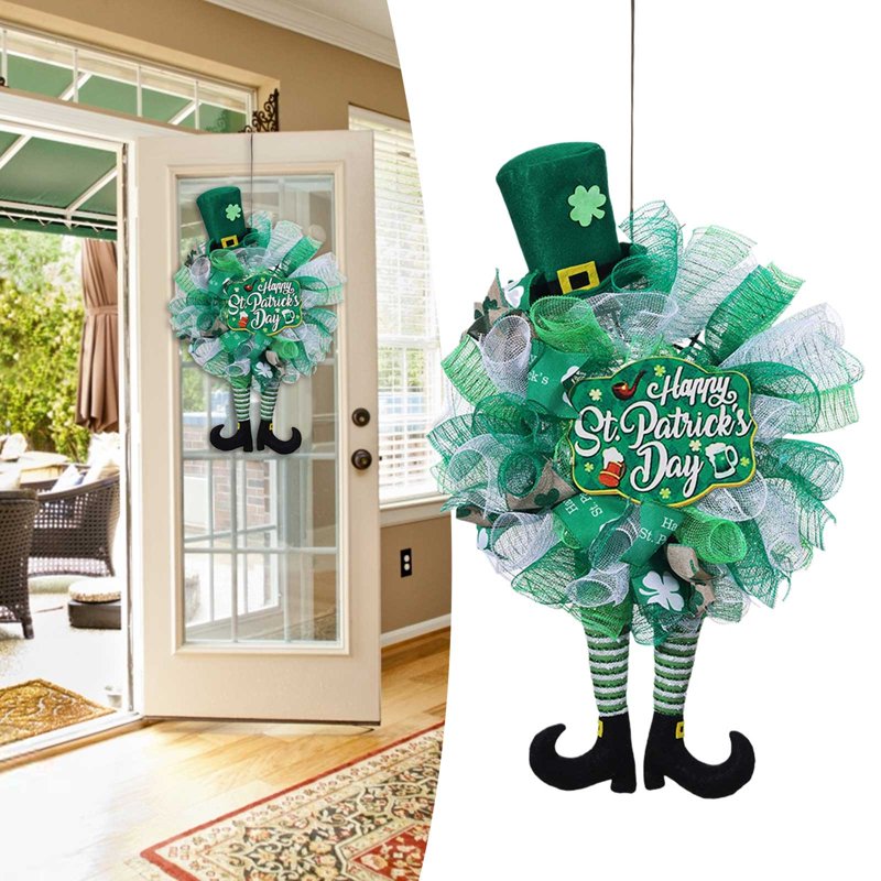 St. Patrick's Day Leprechaun Wreath with Ribbon Front Door Decor - Irish Holiday Wall Hanging