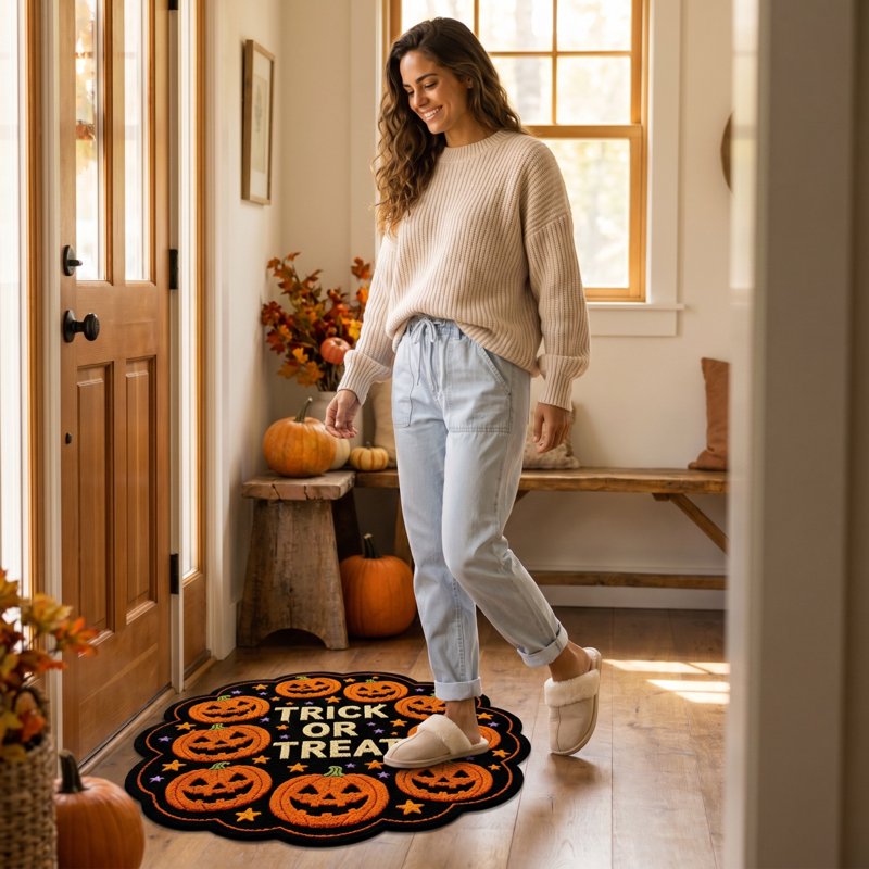 Halloween Door Mat Indoor Outdoor Welcome Rug with Ghost and Spiders - Variation C