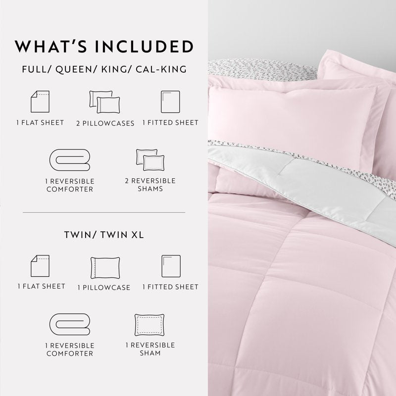 California King Ditsy Floral Blush Reversible Comforter & Patterned Sheet Set - 7 Piece Bedding Bundle