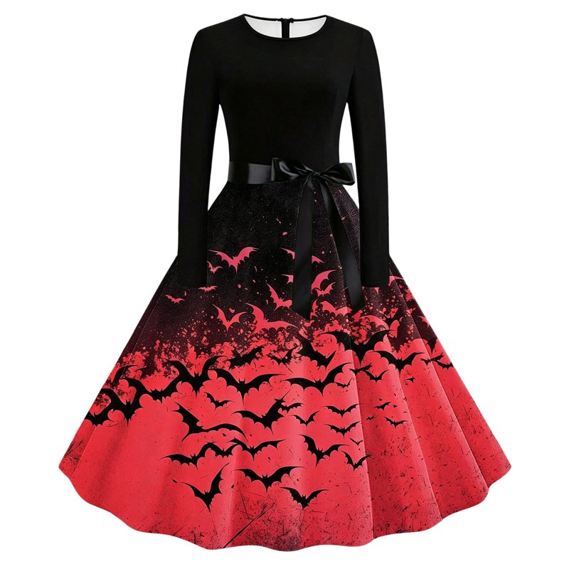 Women's Vintage Halloween Bat Print Swing Dress S - Red, 1950s Retro Gothic Midi