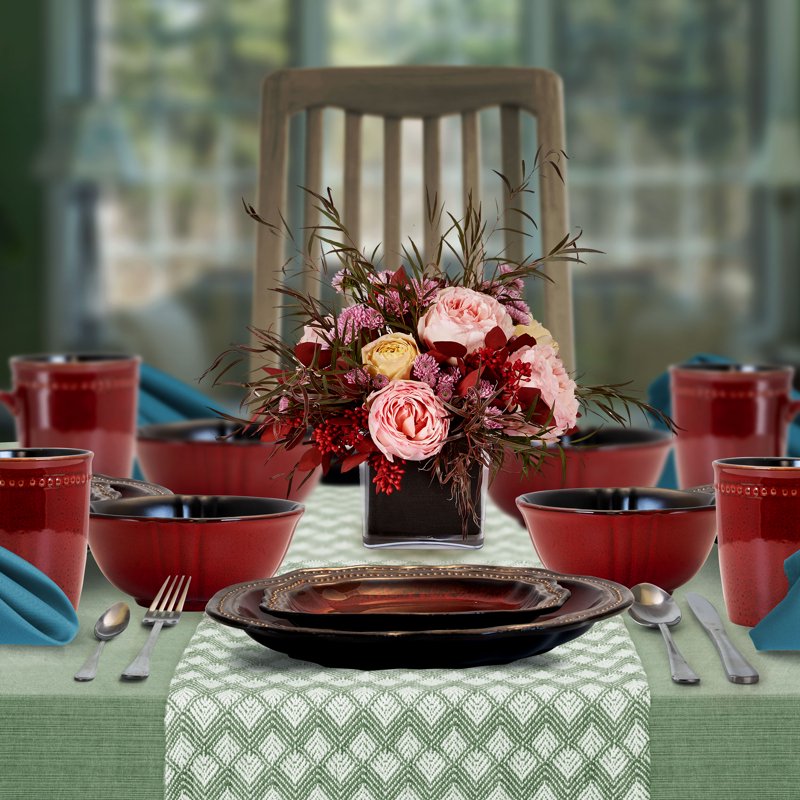 16-Piece Stoneware Dinnerware Set in Red - Unique Contemporary Design