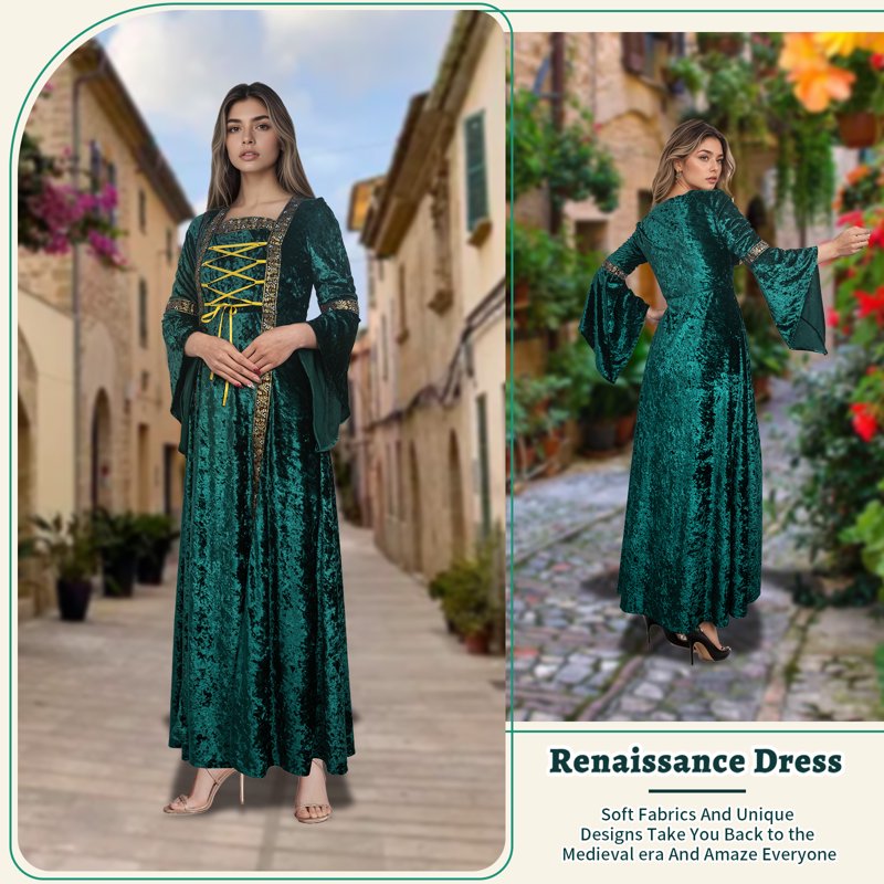 Women Renaissance Dress Medieval Velvet Costume with Lacing - Green, Large