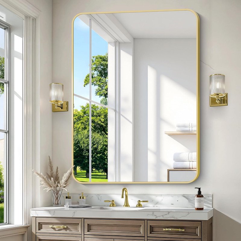 36x48 Inch Gold Bathroom Mirror - Rounded Edge Wall Mount Vanity Mirror - Clarvion