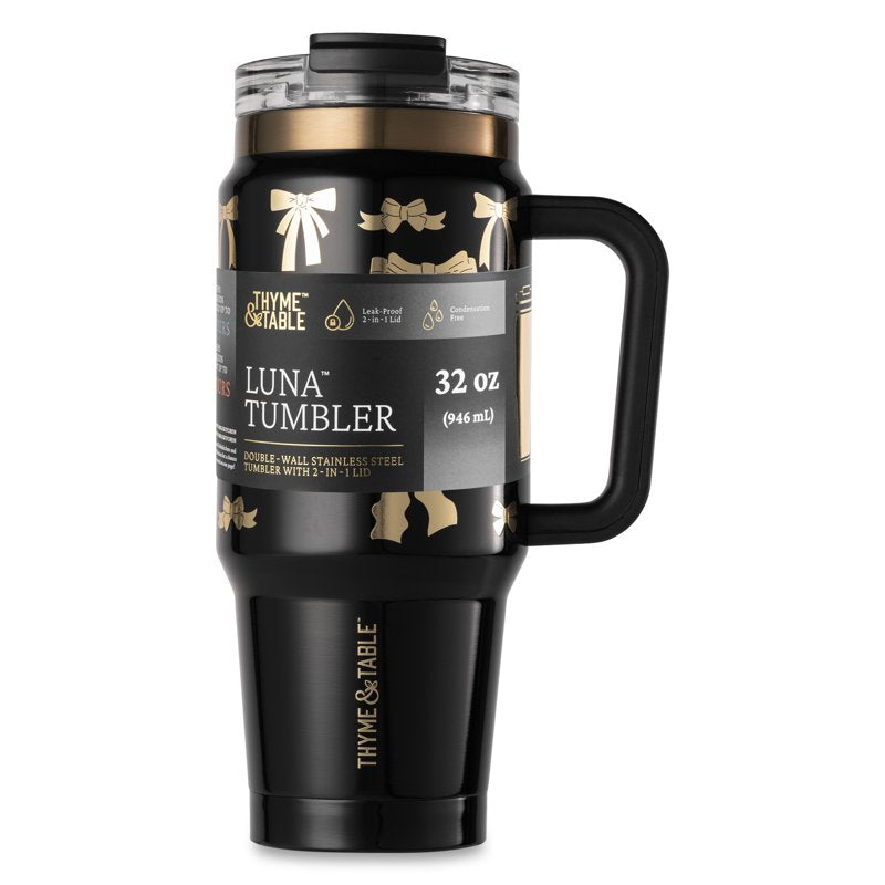 32oz Stainless Steel Tumbler with Handle & Dual Straw Lid - Black & Gold Bows
