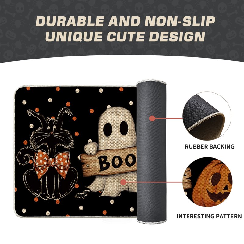 Halloween Welcome Doormat 17x29 Inch Polka Dot Black Cat Ghost Jack-O'-Lantern
