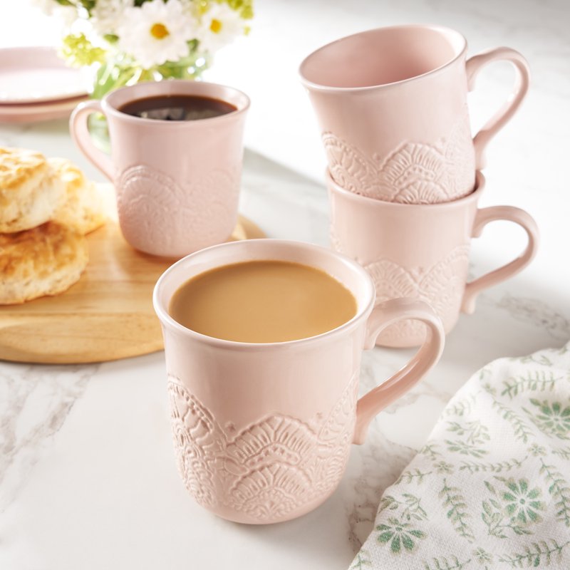 Vintage Lace Ceramic Mug Set - Pink, 4-Pack