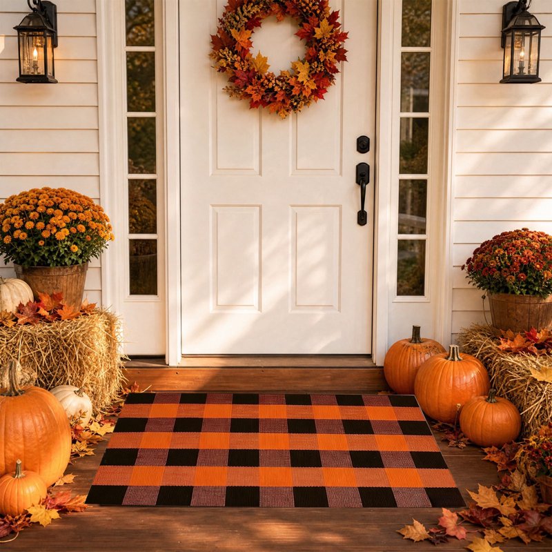 A1-Brown Thanksgiving Plaid Doormat - Large Washable Layered Entry Rug 19.6x31.5in