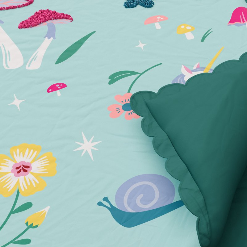 Full/Queen Fairy Garden Comforter Set - Textured Unicorn & Mushrooms Kids Bedding