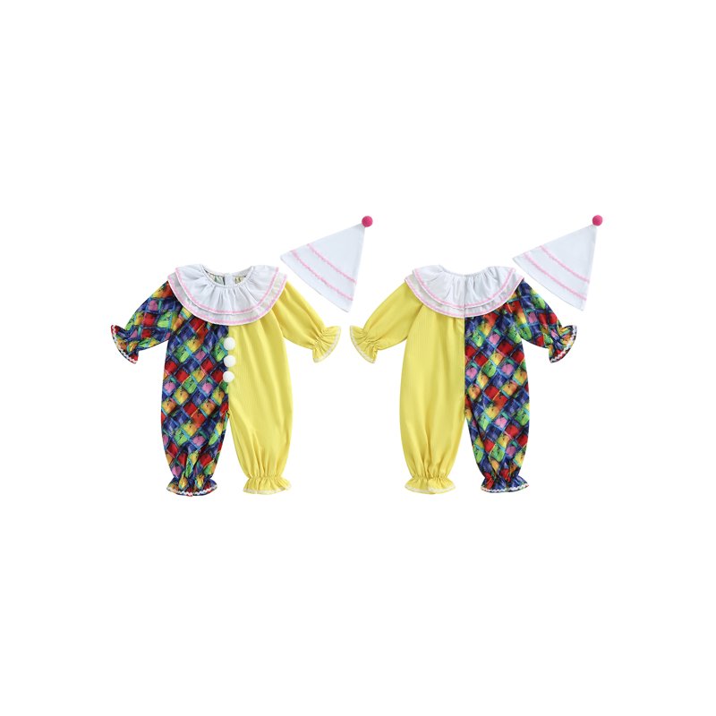 Kids Toddler Baby Clown Costume Jumpsuit & Hat Set - Yellow White, 6-12 Months