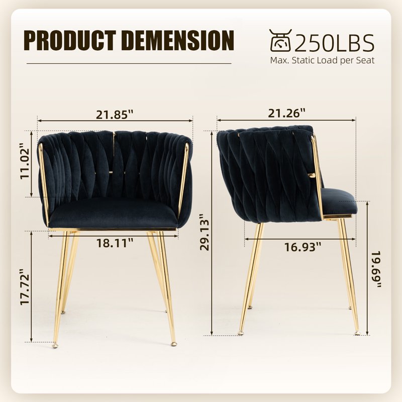 Velvet Dining Chairs Set of 6 with Metal Legs - Black
