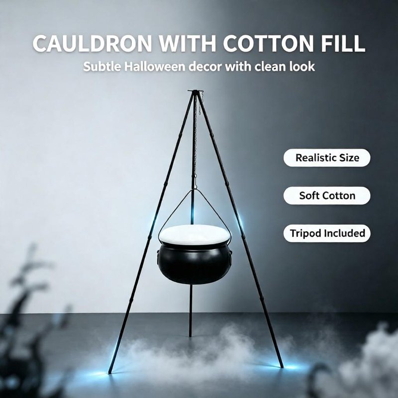 Halloween Outdoor Witch Cauldron with Tripod & Timer Lights - 12 White, 30.4 x 7.8 Inches