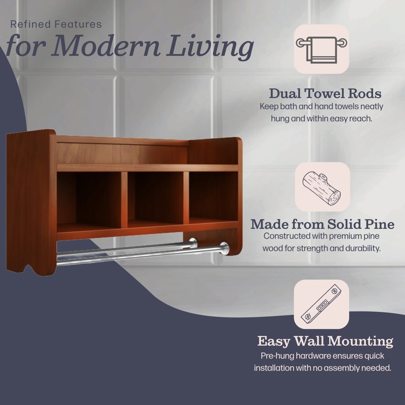 25-Inch Bath Storage Shelf with Towel Rod - Chestnut Finish - Space-Saving Bathroom Organizer with Cubbies