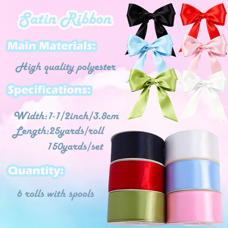 1-1/2 Inch Satin Ribbon Set - 6 Rolls, 150 Yards Solid Fabric for Gift Wrapping & Crafts