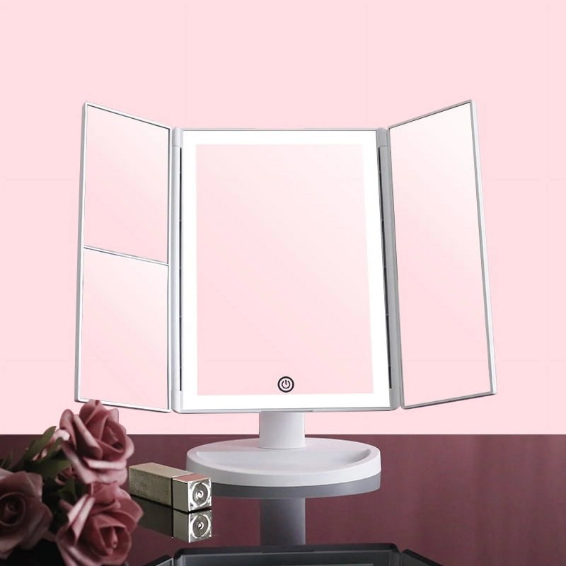 Tri-Fold LED Makeup Mirror with Lights and Adjustable Touch Screen