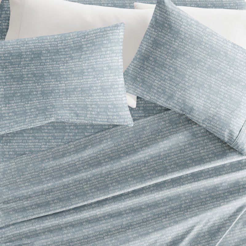 Queen Pattern Microfiber Bed Sheets Set with Dashed Lines - Light Blue