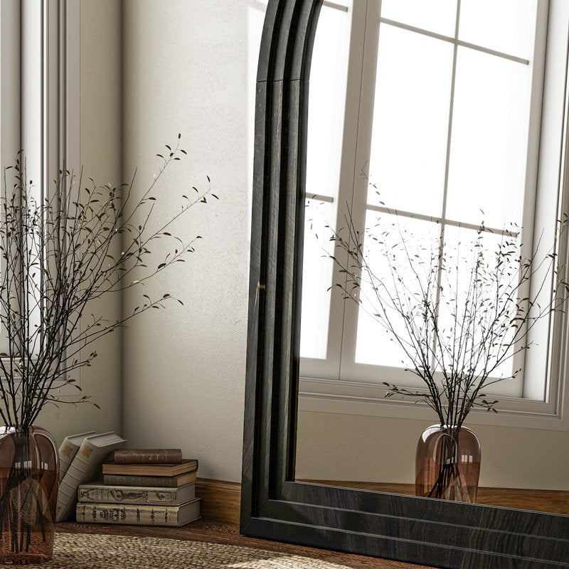 24x36 Inch Arched Wooden Frame Wall Mirror - Black Bathroom & Living Room Decor