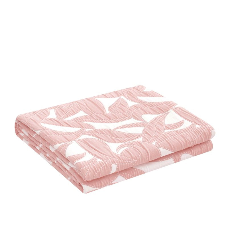 King Blush Pink Iris Leaf Stitched Quilt - Light Blue, 86x90 Inches, Polyester