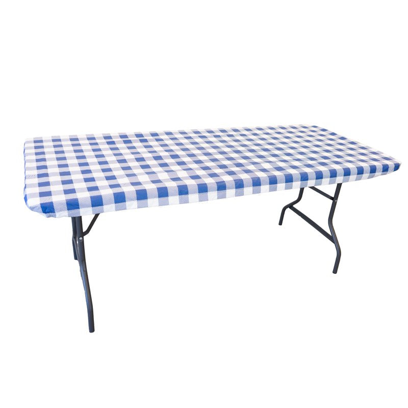 Elastic Fitted Vinyl Table Cover for 6 ft Table - Gingham Blue