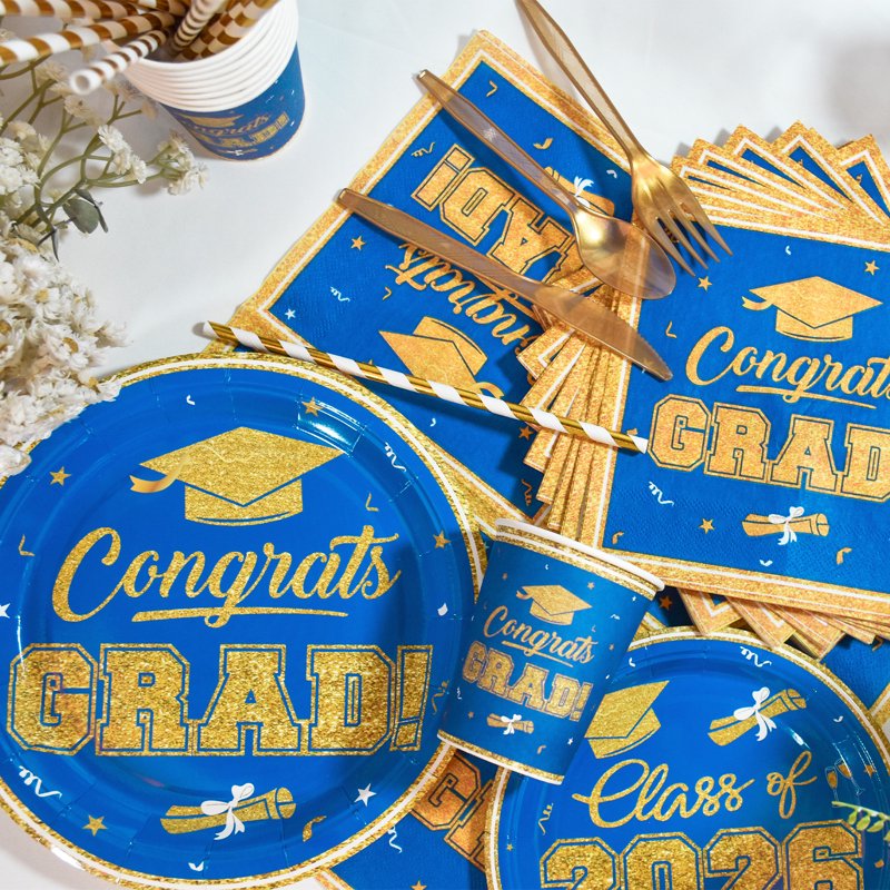 Graduation Plates and Napkins Party Supplies - Class of 2026 Congrats Grad Disposable Set - Blue