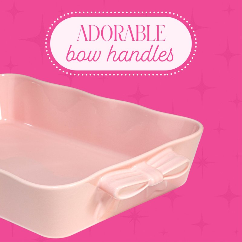 Ceramic Stoneware Lasagna Baker - 13 x 9 Inch, Pink with Bow Handles