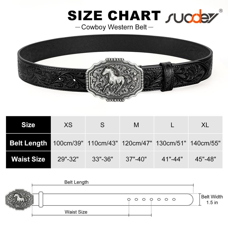 A-Black Slivery Horse Buckle Western Leather Belt for Men & Women 35-38 Inch Waist