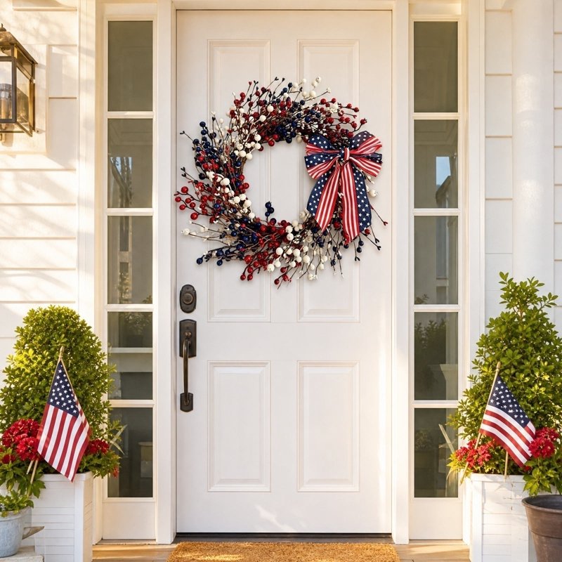 4th of July Wreath for Front Door - Patriotic Red, White & Blue Decoration - Variation 0B