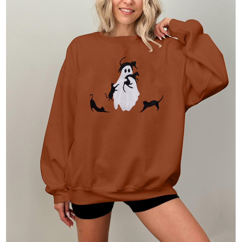 Brown Halloween Spooky Season Sweatshirt for Women - Oversized Black Cat Ghost Pullover