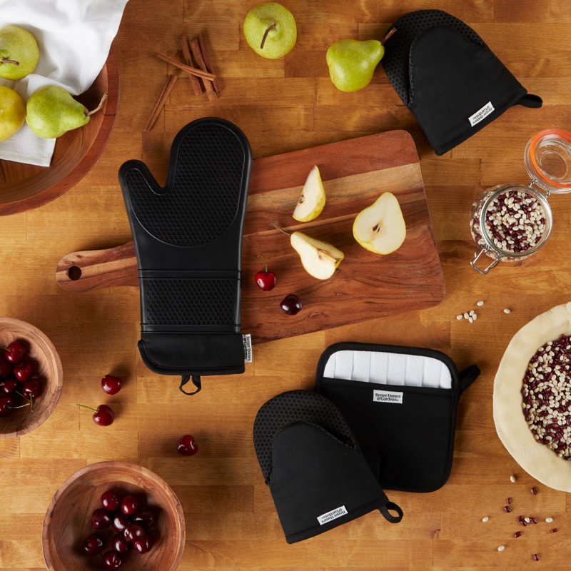 Oven Mitt, Potholder & Mini Mitt Set - Black - 4 Pieces