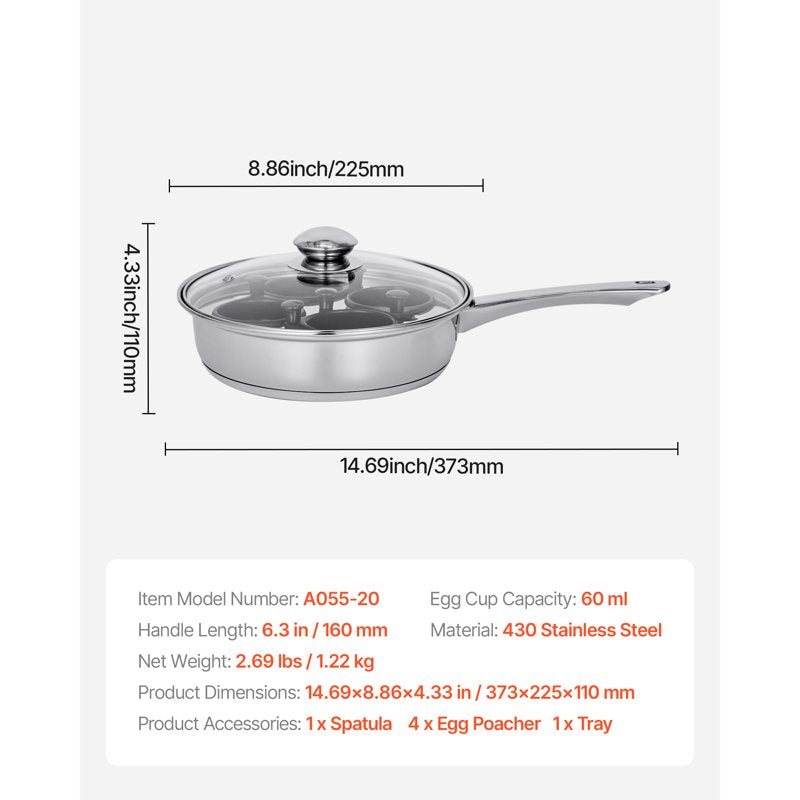 4-Cup Stainless Steel Egg Poaching Pan with Nonstick Cups and Glass Lid